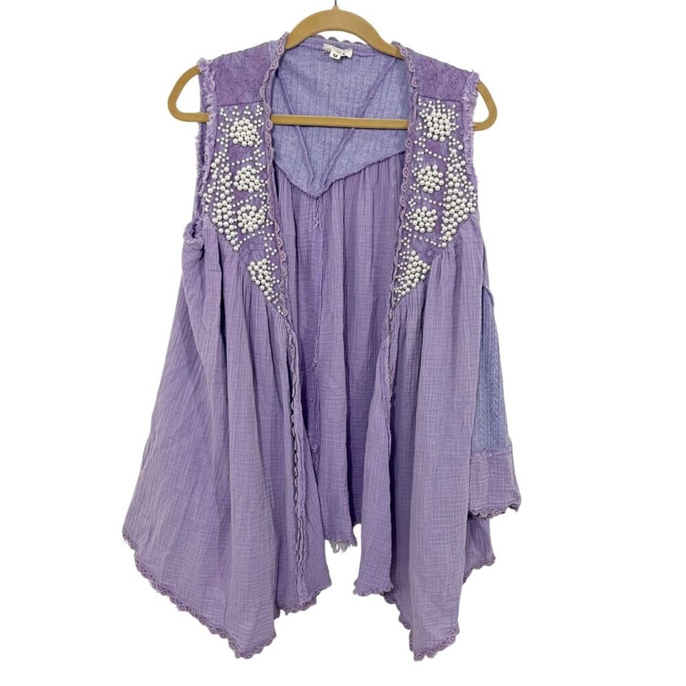 POL‎ Purple Gauze Flowy Vest Pearl Beaded Artsy Boho Lagenlook Size Medium